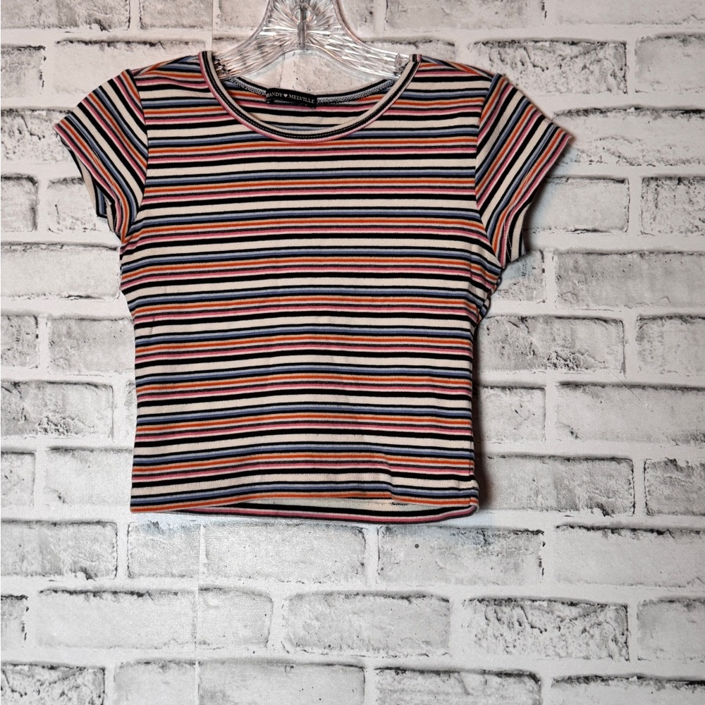 Forever 21 White and‎ Brown Cap Sleeve Crop Top sz S striped multicolor 13.5 ptp